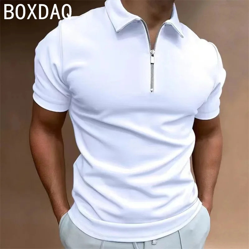 Men's Solid Color Polo shirt Fashion Casual Short Sleeve Lapel Zip Collar Sport Polos Men's Summer High Quality Harajuku Tops
