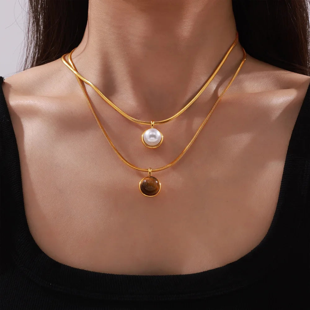 Women's Necklace with Retro Style Pearl Natural Stone Pendant Titanium Steel Lock Chain Fashionable Jewelry Accessories