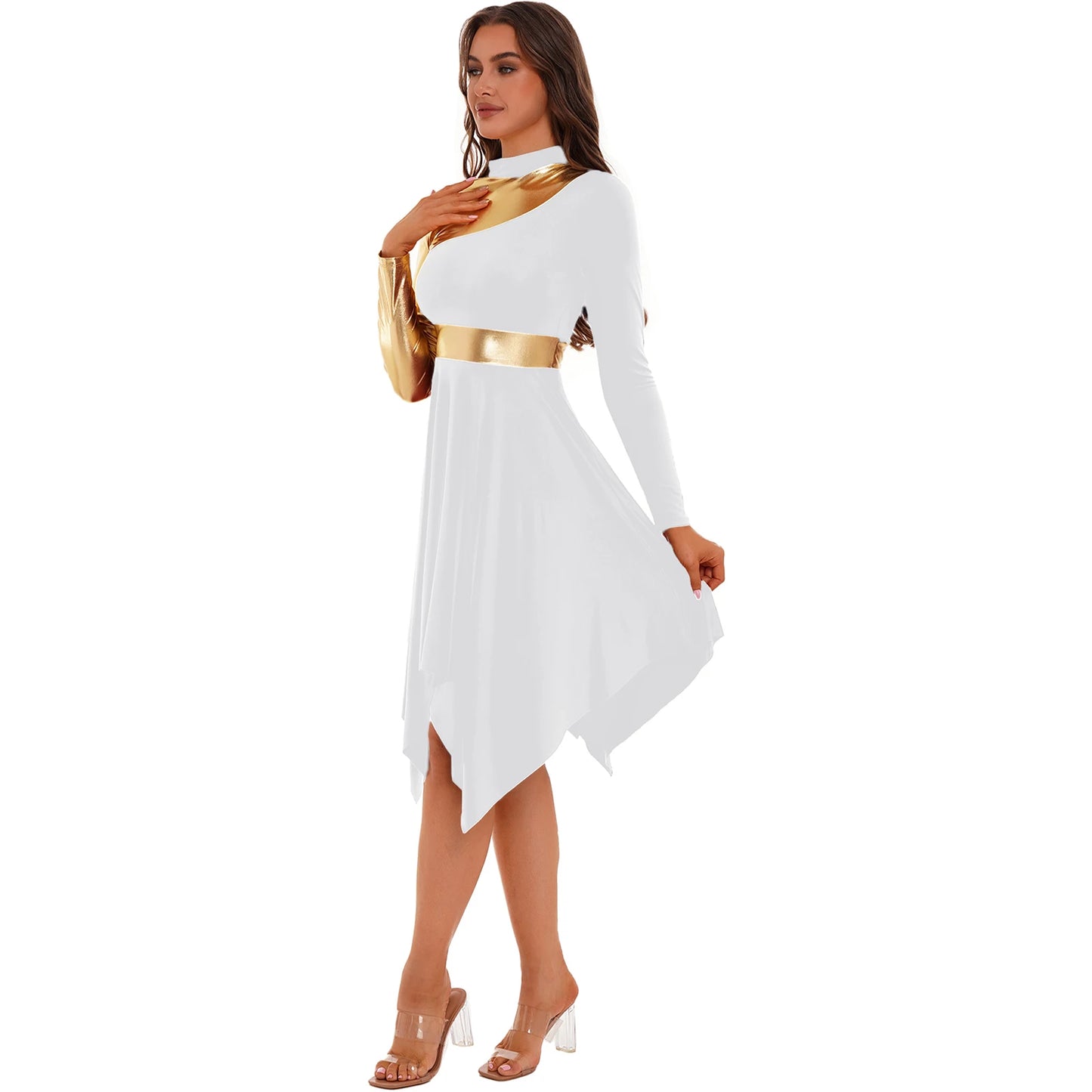 Women Modern Lyrical Dance Dress Waltz Ballroom Performance Costume Church Choir Worship Gown Long Sleeve Shiny Dancewear
