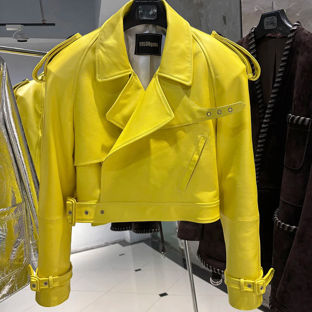 YOLOAgain Wide Shoulder Real Leather Jacket Women Oversized Genuine Leather Cropped Jacket