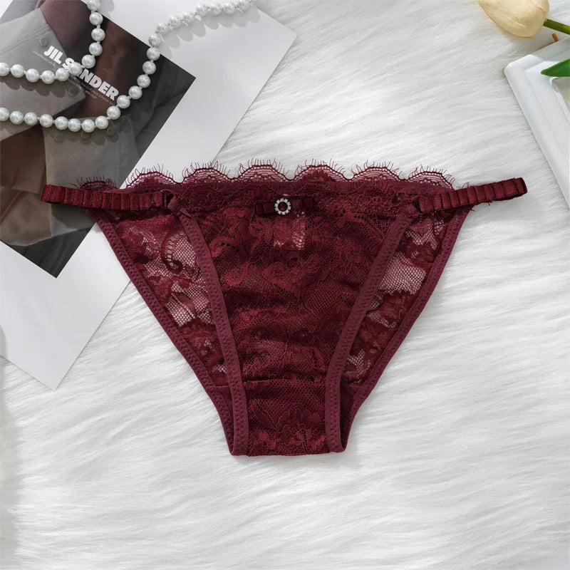 Thongs For Women Sexy Solid Color Lace Panties Low Waist Lingerie Hollow Out Transparent Floral Adjustable Breathable Underwear