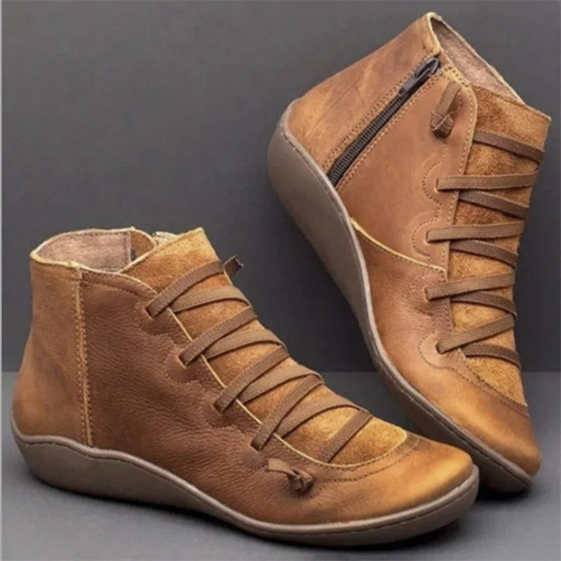 Boots  Women Winter Genuine leather Ankle Spring flat Shoes woman Short Vintage Boots With Fur 2023 for women lace up boots
