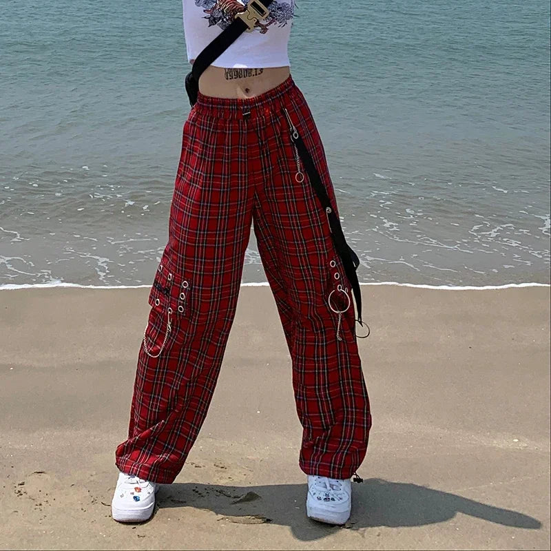 Red Plaid Pants Classic Retro All-match Casual High Street Fashionable Cool Confident Youth Hip-hop Women Autumn Straight Leg
