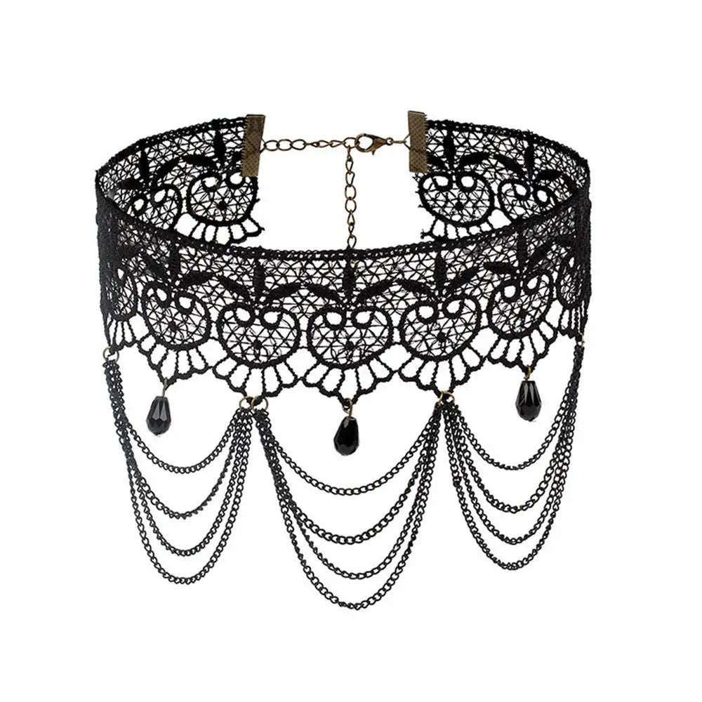 Sexy Neck Chain Steampunk Style Collar Chocker Gemstone Pendant Black Lace Gothic Necklace