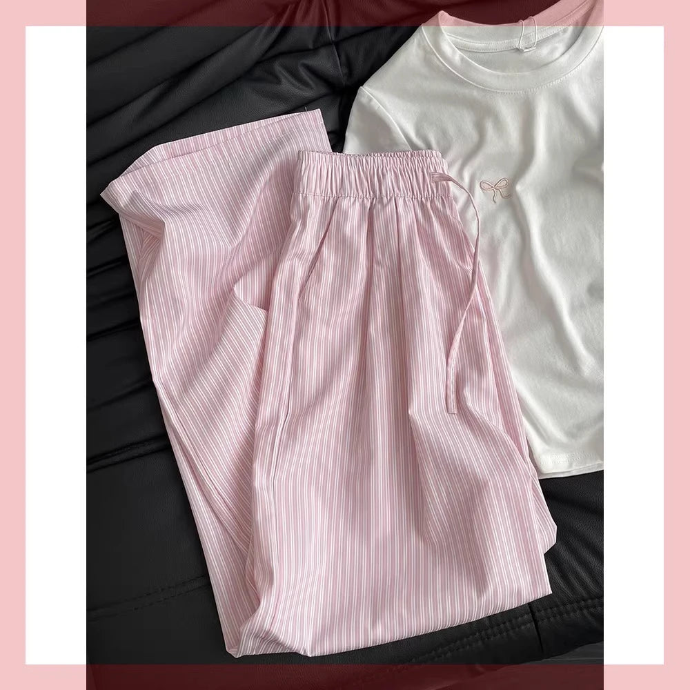 Blue Ice Silk Stripe Pants Women's Casual Summer Spring Wide Leg Pants Small Size Sembach Trousers High Waist Loose Fit
