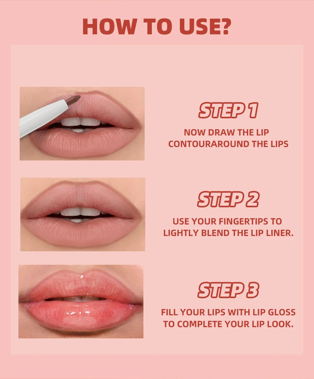 QIBEST Double Head Mirror Lip Glaze Lipliner Pen Water Light Lipgloss Makeup 2 in 1 Stick Matte Velvet Lip Liner Contour Pencil