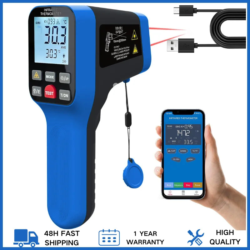 Non-Contact Infrared Thermometer with Laser Targeting - Button-Operated Industrial/High-Temperature Surface Measuring Tool