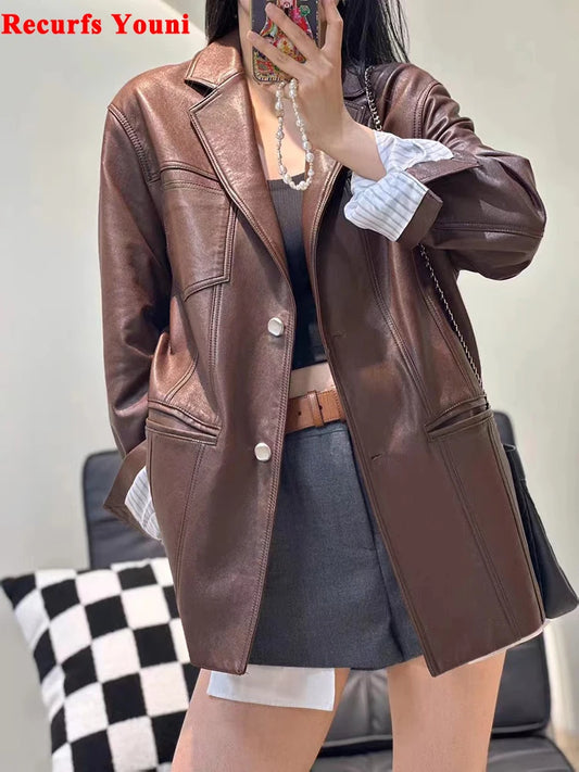 2025 Autumn Women's Oversized Real Leather Jacket Female 100% Sheepskin Retro Brown Broad Shoulder Suit Coat Streetwear Blazer