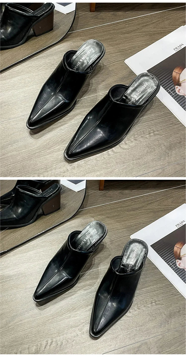 2024 Spring Summer New  Slippers Sexy Pointed Toe Slip on Shoes  Mules Female Fashion Thick Heel Outdoor Dress Sandals