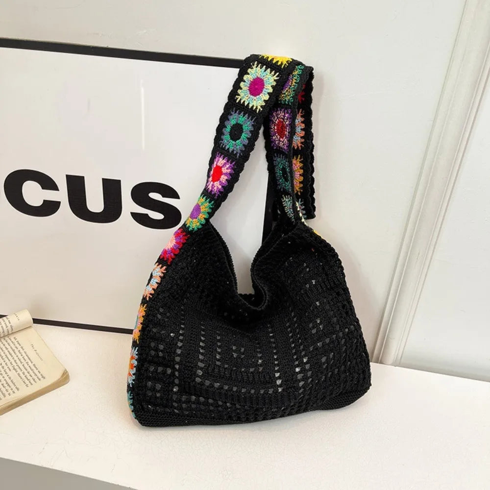 Fashion Large Capacity Women Shoulder Bag Floral Crochet Vintage Handbag Boho Hollow Out Knitted Crossbody Bags