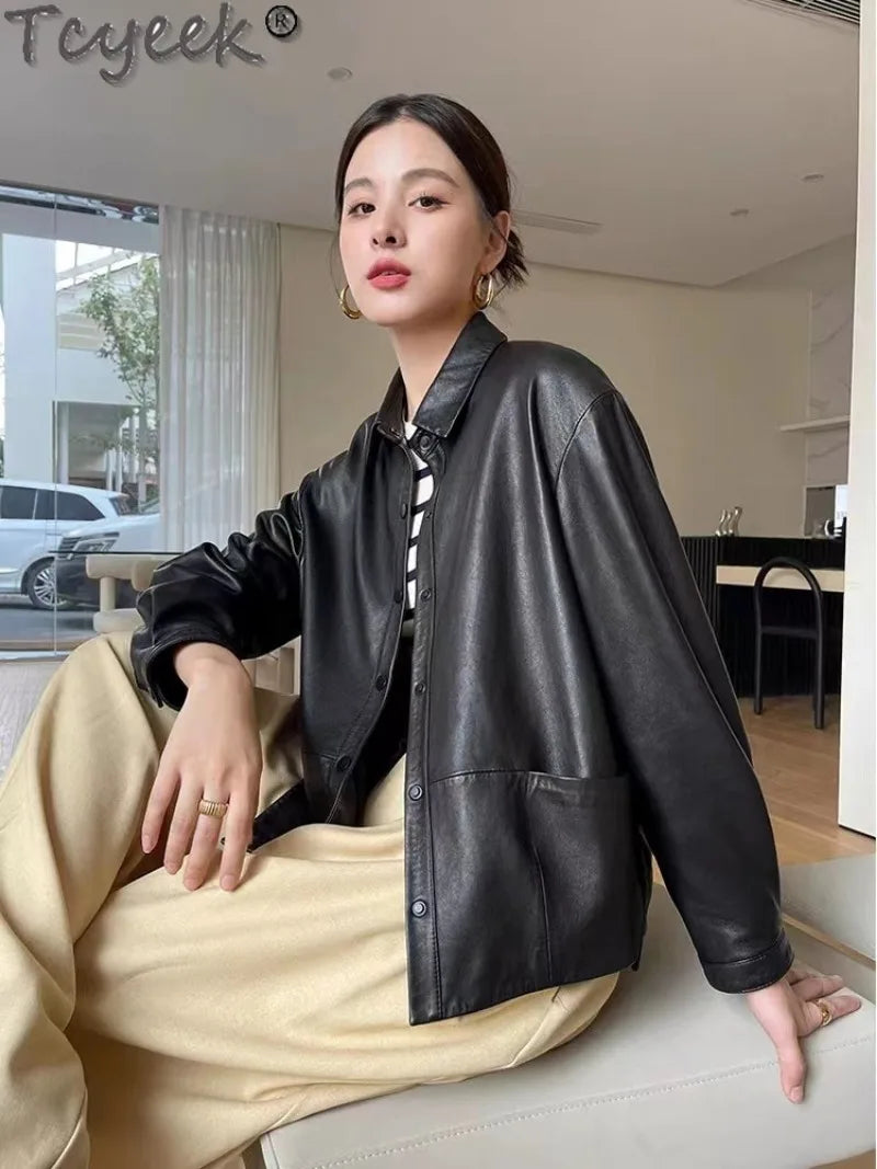 Tcyeek Genuine Leather Jacket Women Autumn Real Sheepskin Coats Black Leather Coat Womens Clothing Loose Fit Jaqueta De Couro