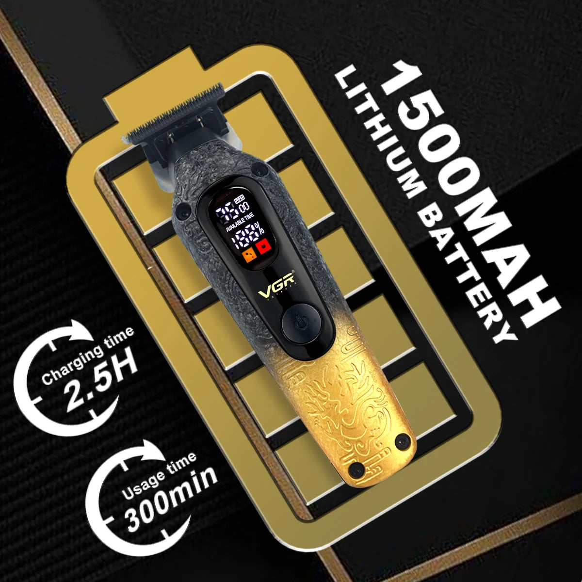 VGR V-879T Hair Trimmer for Men DLC Blade T-Blade 7500RPM LCD Display 1500mAh Professional Hair Clipper Finishing Machine