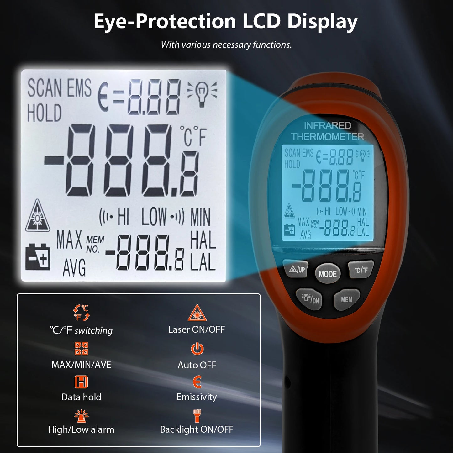 Infrared Thermometer Non-Contact Digital Laser Temperature Gun with -50°C~800°C, Adjustable Emissivity for Cooking/BBQ/Freezer