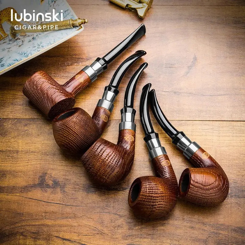Oak Wood Sandblasted Tobacco Pipe with Gold Silver Band 9mm Filter Straight Bent Smoking Pipe for Men Gift Accessories