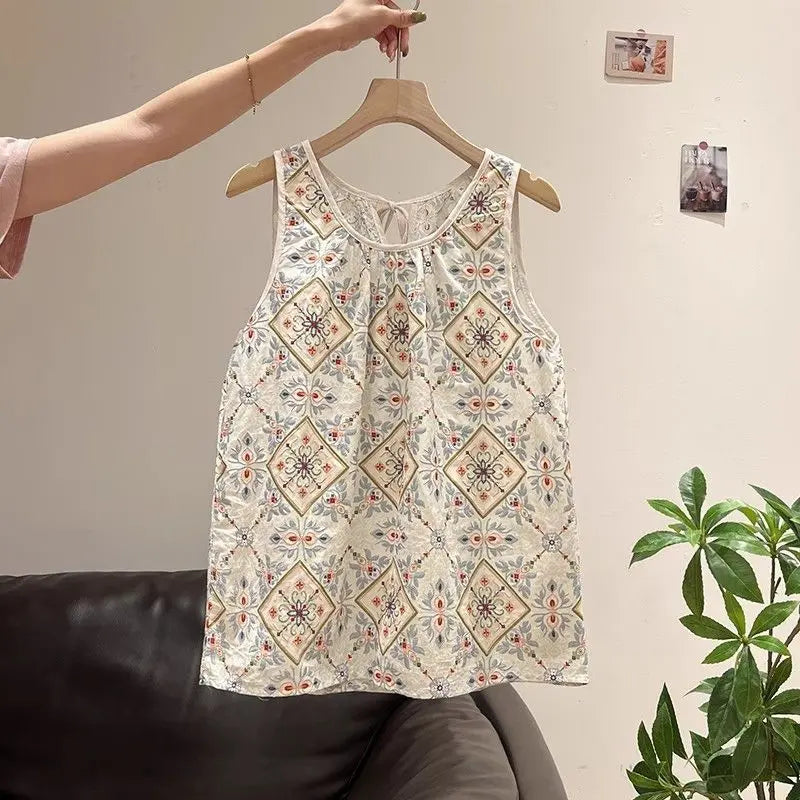 Women Clothing Summer Fashion Printing Contrasting Colors O-neck Female Trend Sexy All-match Appear Thin Sleeveless Tank Top Top