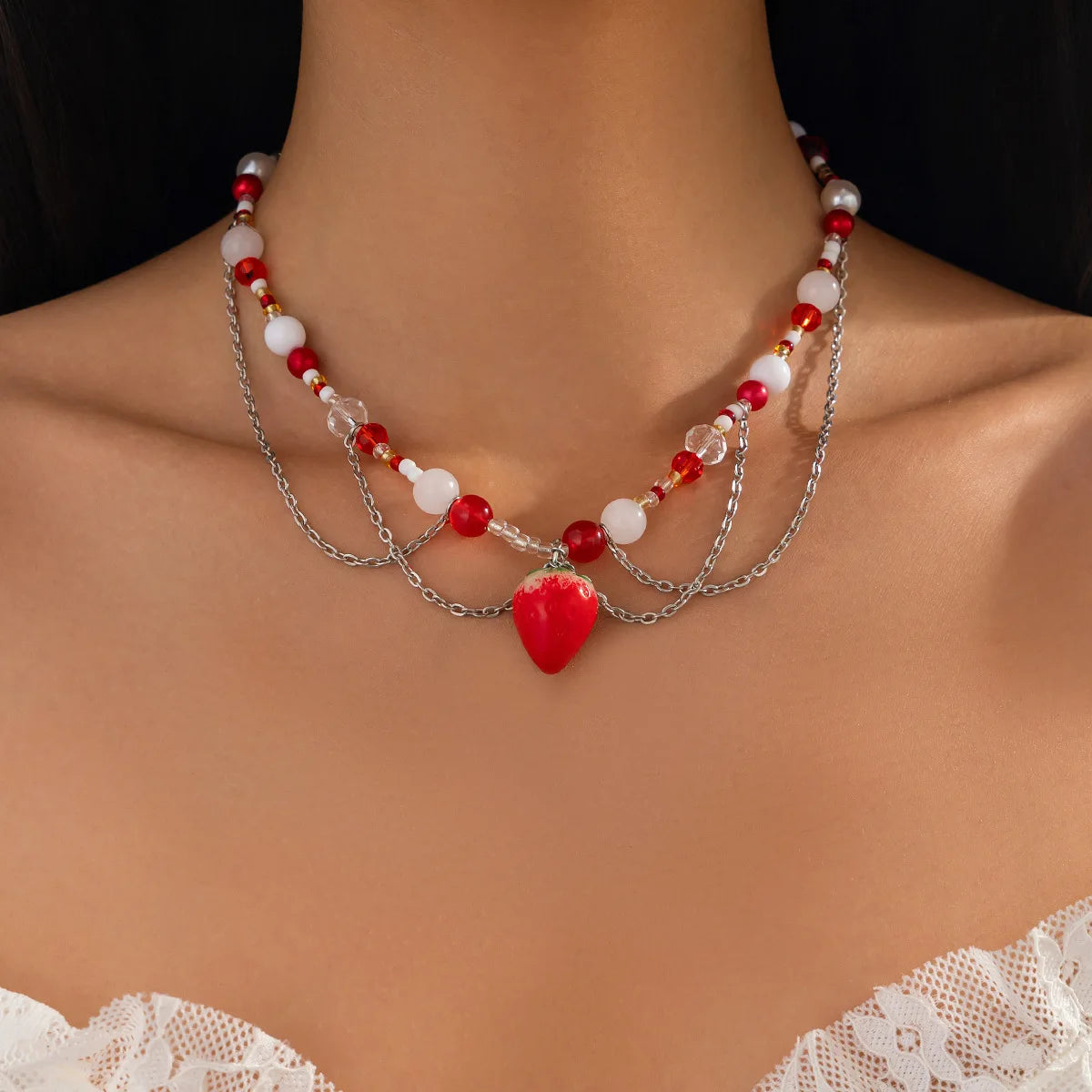 Women's New Necklace Lolita White Lace Necklace, Pearl Tassel Rhinestone Necklace Collar Sweet Cool Fashion Necklaces Girls Gift
