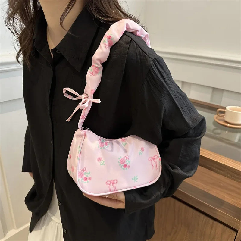 Women's Bag Summer Canvas Pleated Handlebags Armpit Bag Korean Floral Bow Printed Zipper Tote Bag Female Small Shoulder Bags