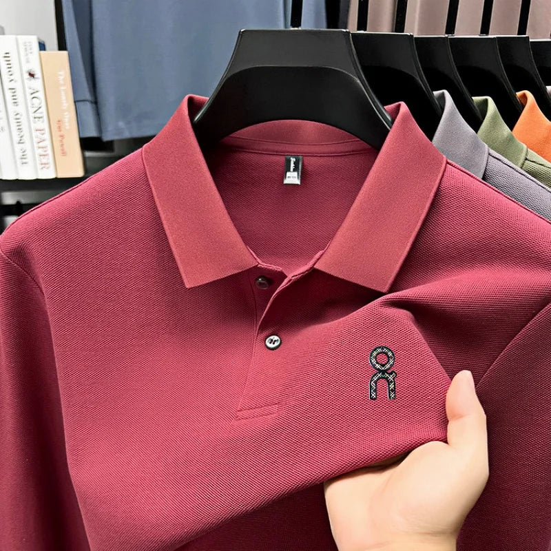 100% pure cotton polo shirt long sleeved men's brand fashionable embossed T-shirt sports breathable spring autumn casual new top