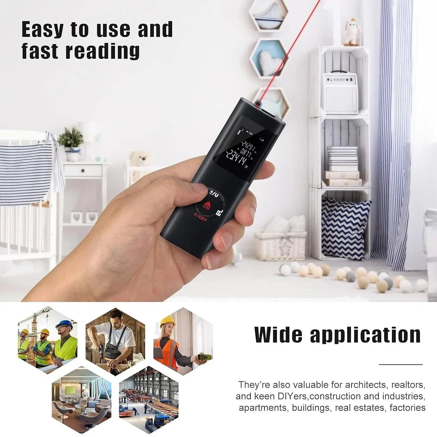 40/60M Portable Digital Laser Distance Meter, ±1/16 Inch High Accuracy, USB Charging, M/in/Ft Unit Switch Laser Measurement Tool