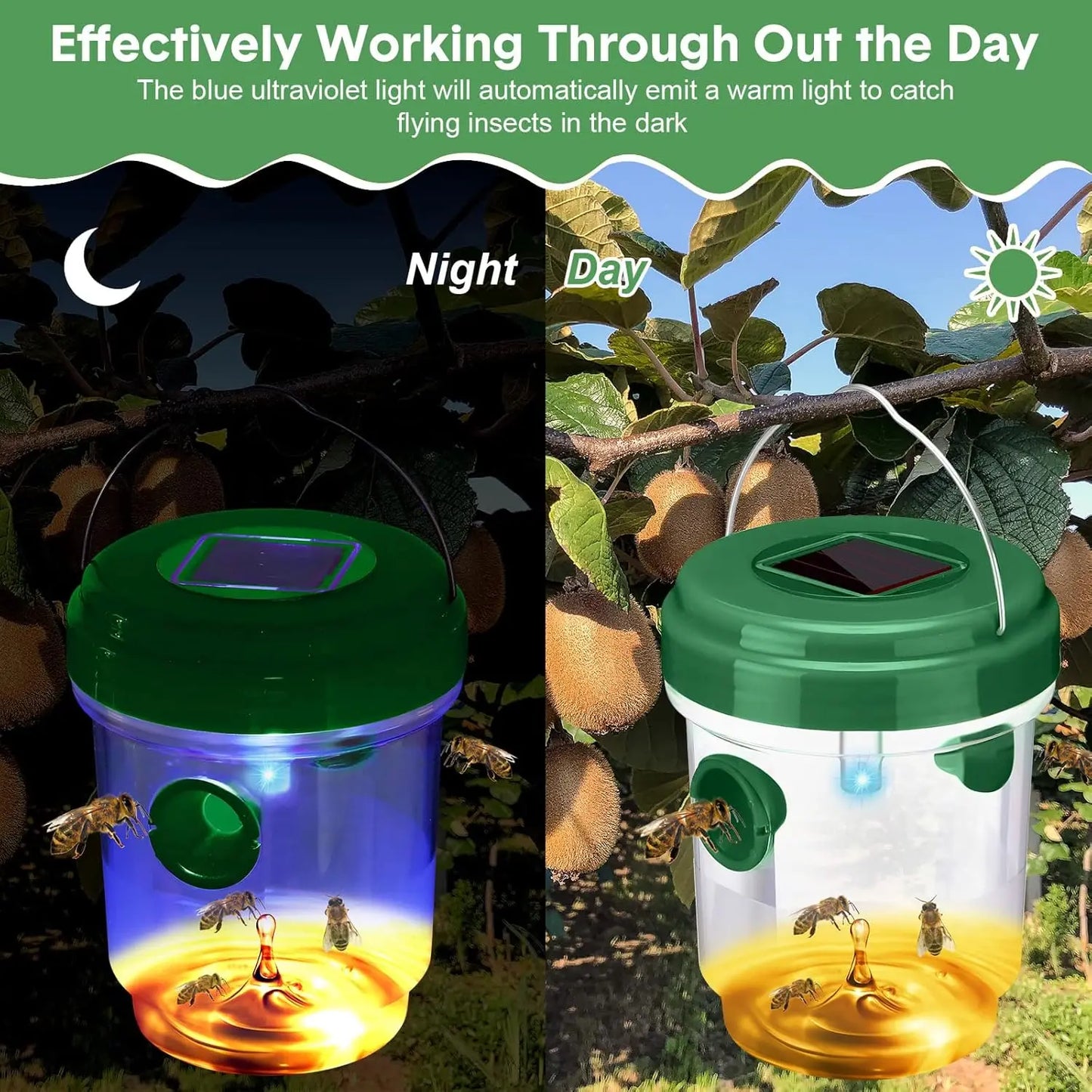 Reusable Fly Traps Outdoor Hanging Wasp Killer with UV LED Light Flying Insect Bee Killer for Indoor Outside Patio Home