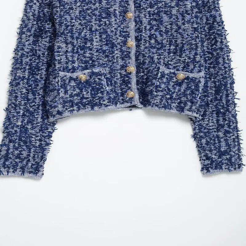 Spring 2025 Women's Faionable Knitted Long Sve round Ne Interwoven Outerwear Versatile Straight Cut Length Regular