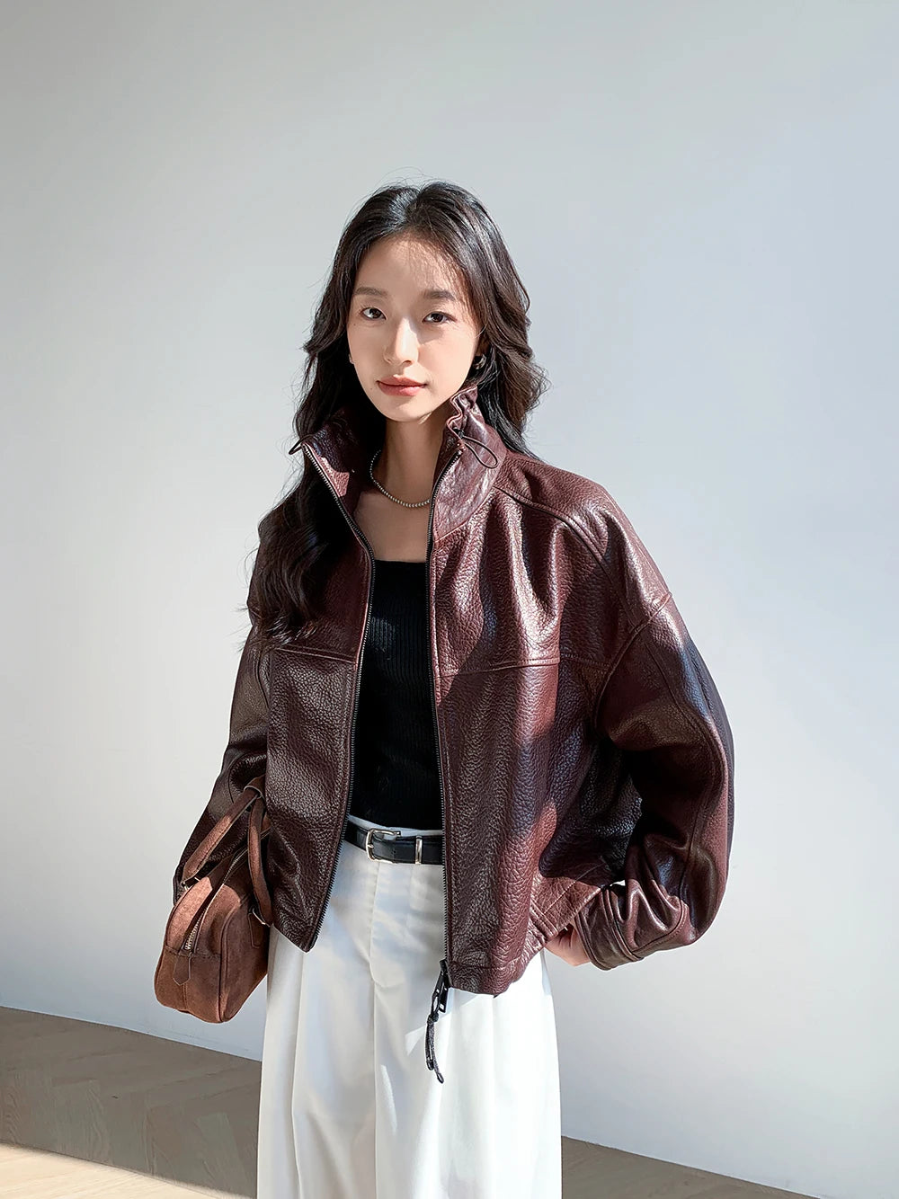 Vintage Genuine Leather Cropped Jackets for Women Spring Autumn 2025 New High-end Simple Stand Collar Bubble Real Sheepskin Coat