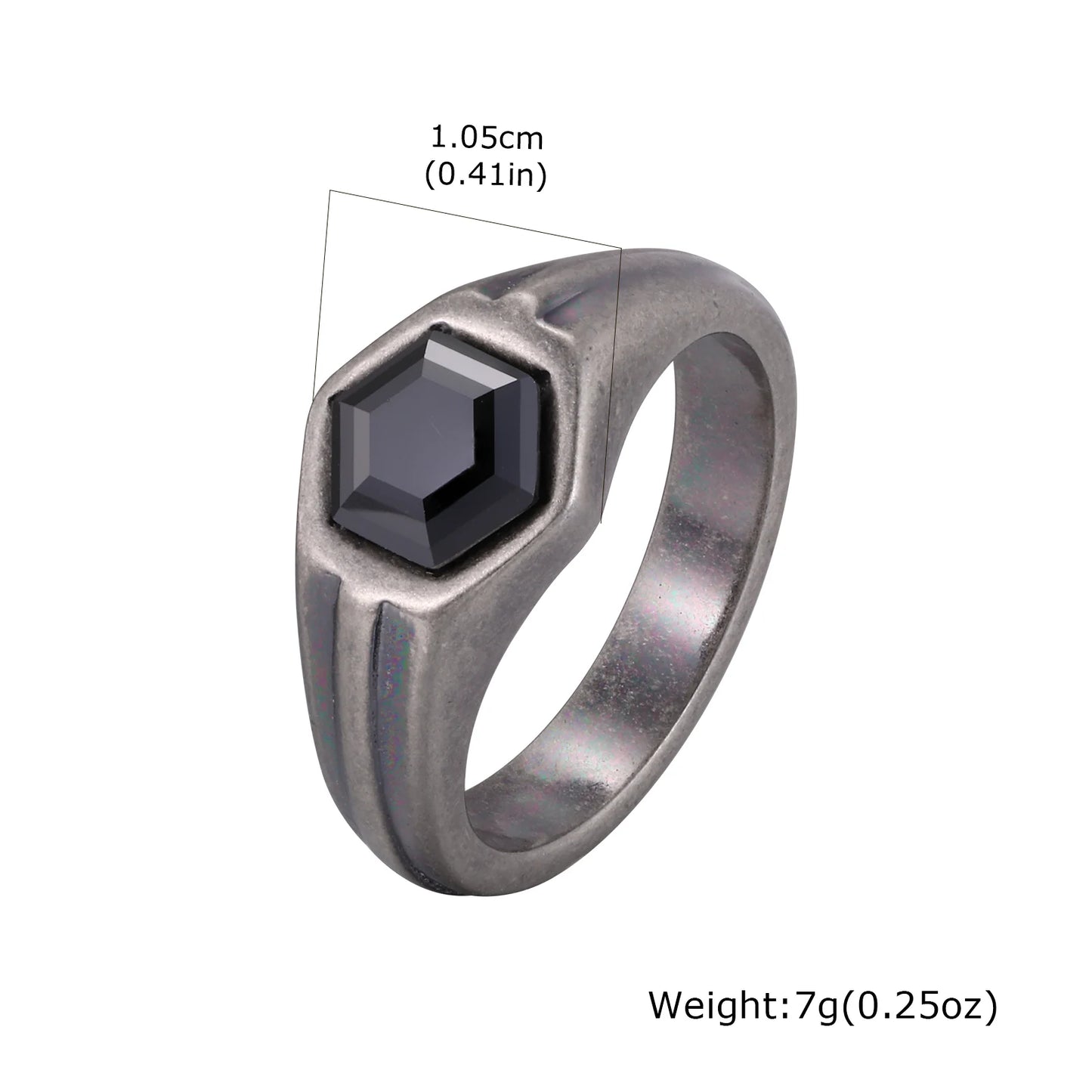 Hexagon Black Zircon Ring for Men, Stainless Steel Antique Silver Color Geometric Band,Punk Statement Jewelry Gift