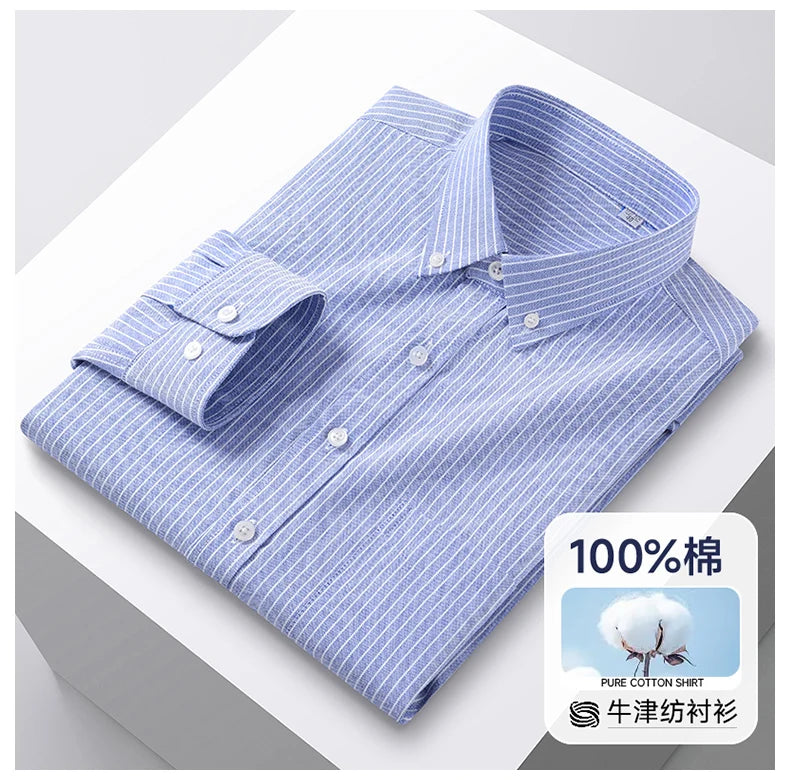 100% Cotton Men's Oxford Shirts Spring Autumn Long Sleeve Basic Casual Solid Striped Button Down Social Business Formal Plus 5XL