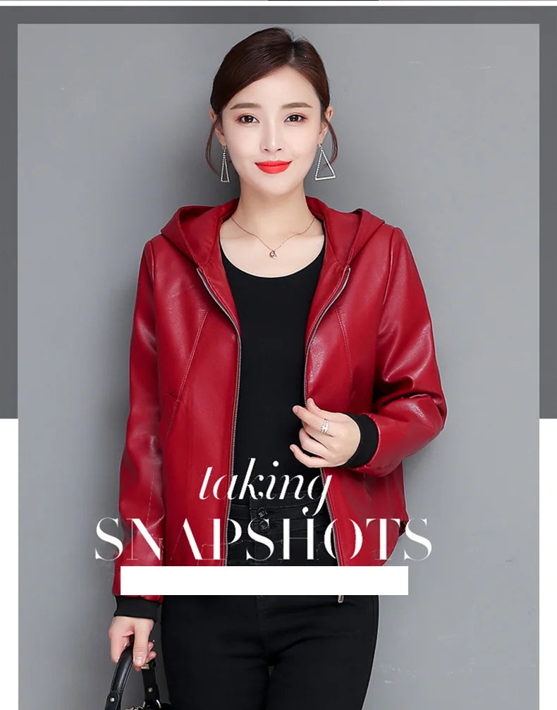 New Women Casual Leather Jacket Spring Autumn Fashion Hooded Zipper Split Leather Loose Outerwear Short Sheepskin Tops Coat