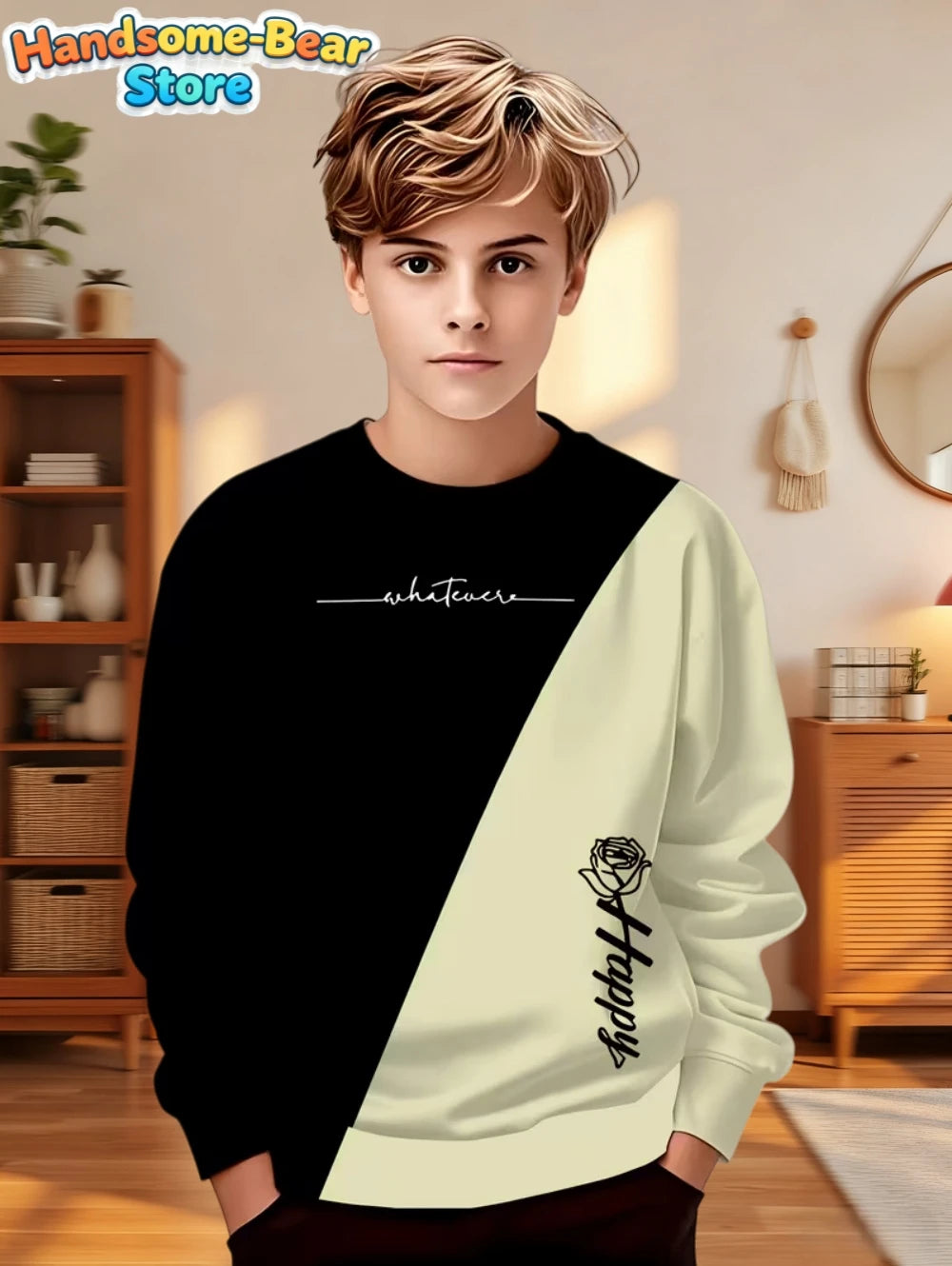 Autumn Classic Boys Sweatshirt Outdoor Round Neck Long Sleeves Top Stripe 3D Print Loose Hoodies Streetwear Children's Clothing