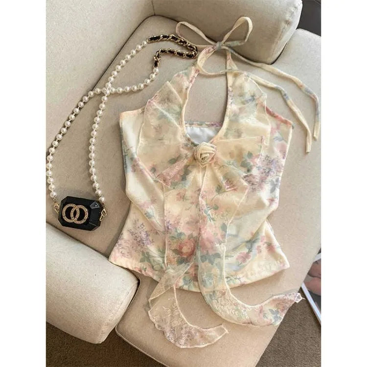 Summer Floral Halter Top Women Sweet Fairy Lace Bow Slim Fit Sleeveless Blouse Elegant Cute Mesh Transparent Layer Shirt Vest