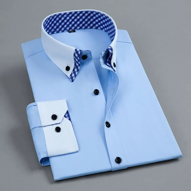 Men's Long Sleeve Dress Shirt Non Iron Double Layer Business Formal Regular Fit Office Camisa Fashion White Blue Social Shirts