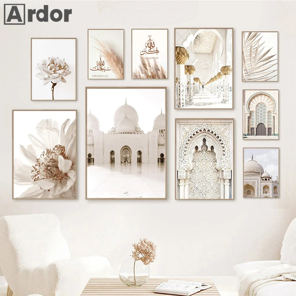 Islamic Wall Art Print Morocco Door Canvas Poster Pampas Grass Beige Flower Art Painting Mosque Posters Wall Pictures Home Decor
