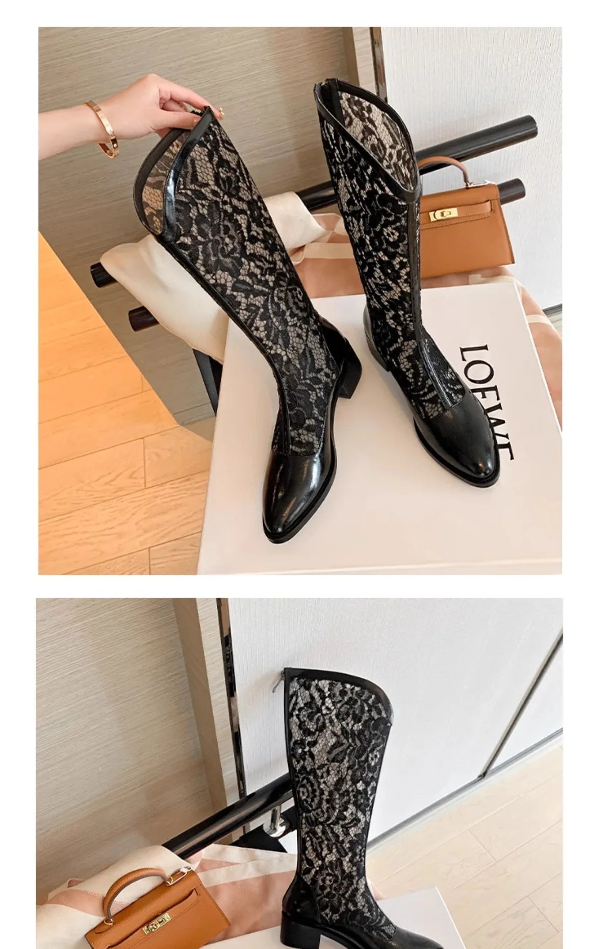 Woman Fashion Lace Flower Boots Thick Heel Pointed Toe Mid-calf Boots Female Footwear Summer Size 41 Breathable Botas De Mujer