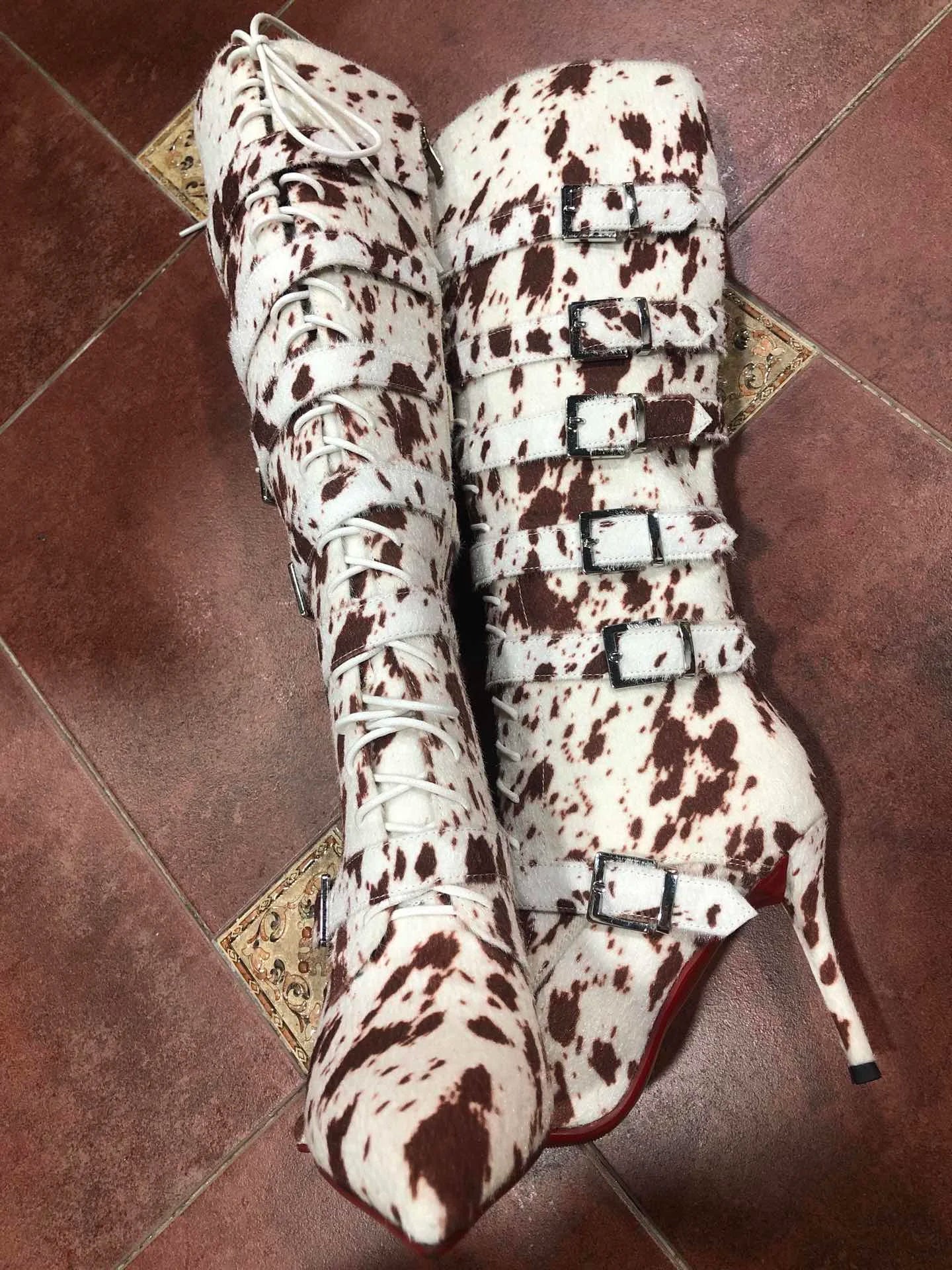 Autumn/winter New Women's Fashion Horsehair Metal Belt Buckle Lace-Up Knee-High Boots Stiletto Pointed High-Top Knight Boots