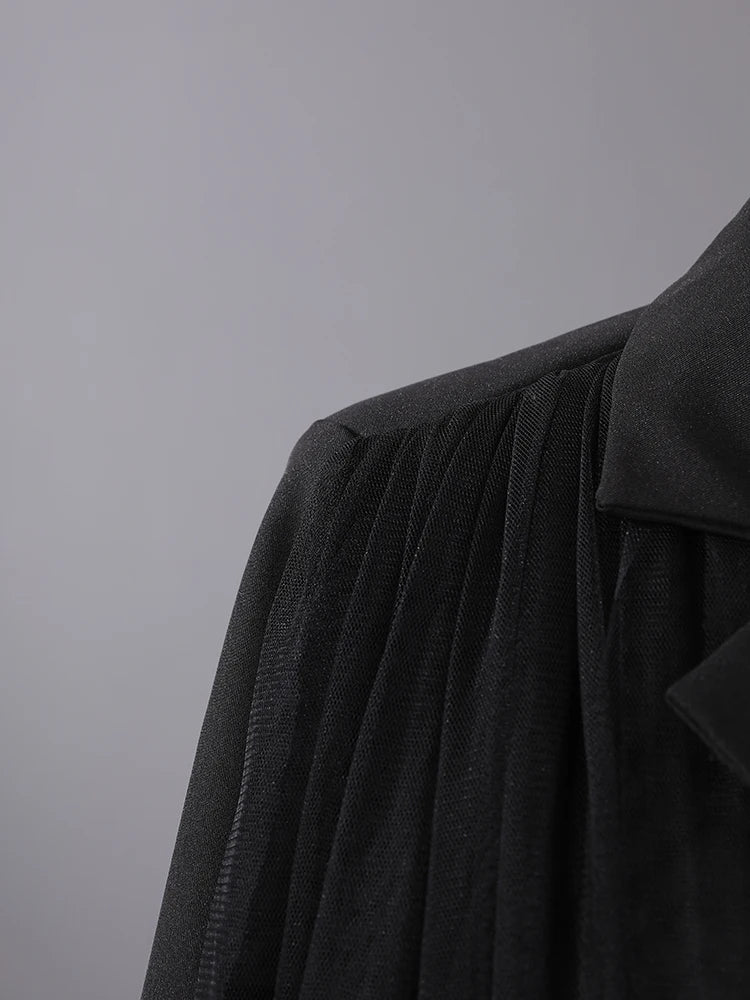 [EAM] Women Black Mesh Irregular Fish Spliced Big Size Blazer New Lapel Long Sleeve Jacket Fashion Spring Autumn 2026 CPG2902