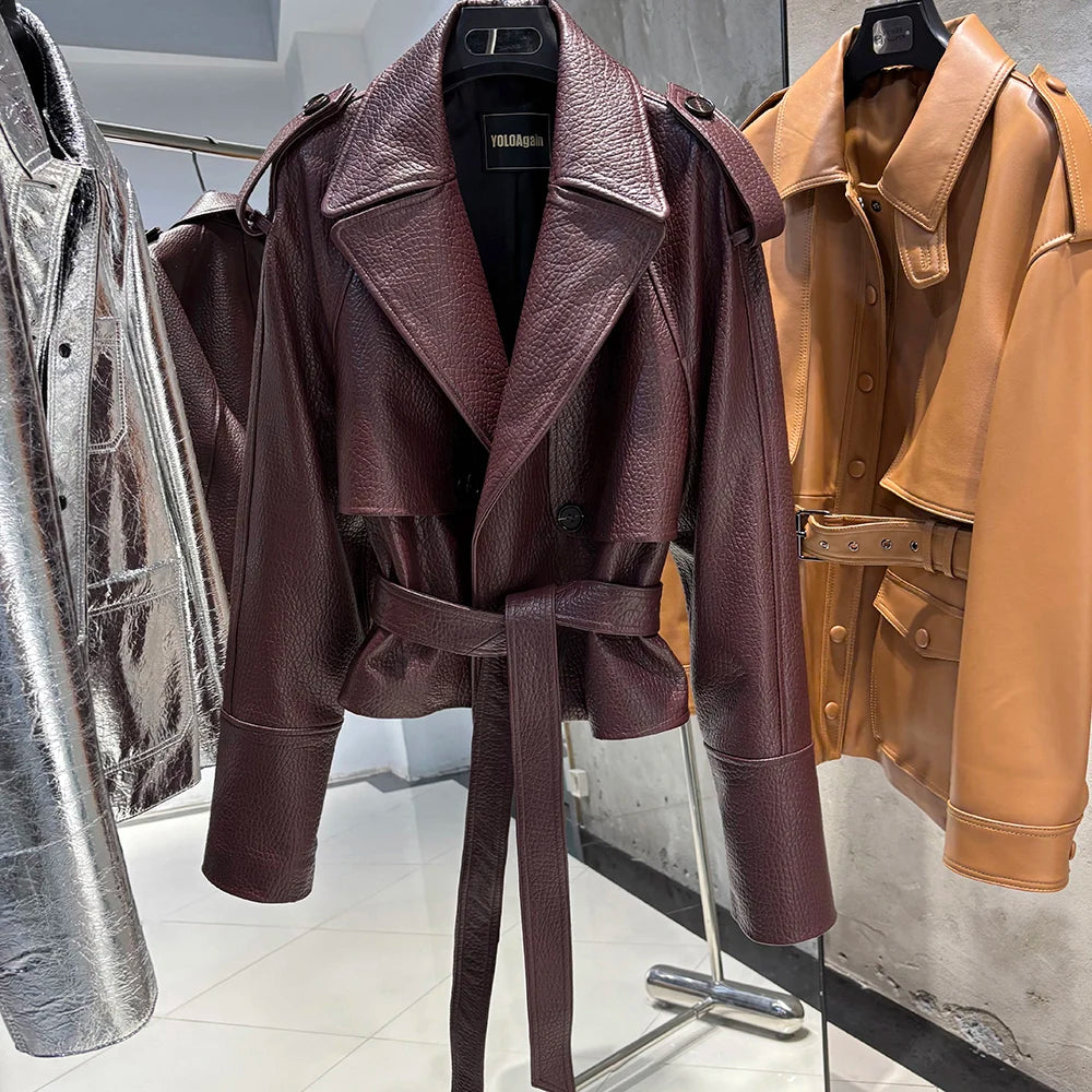 YOLOAgain Real Leather Jacket Women Burgundy Grain Leather Jacket With Belt