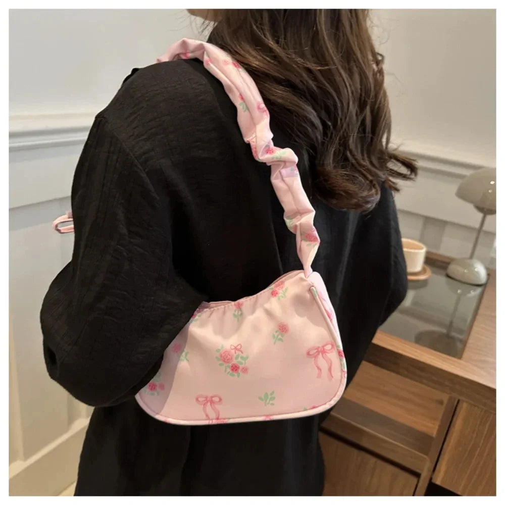 Women's Bag Summer Canvas Pleated Handlebags Armpit Bag Korean Floral Bow Printed Zipper Tote Bag Female Small Shoulder Bags