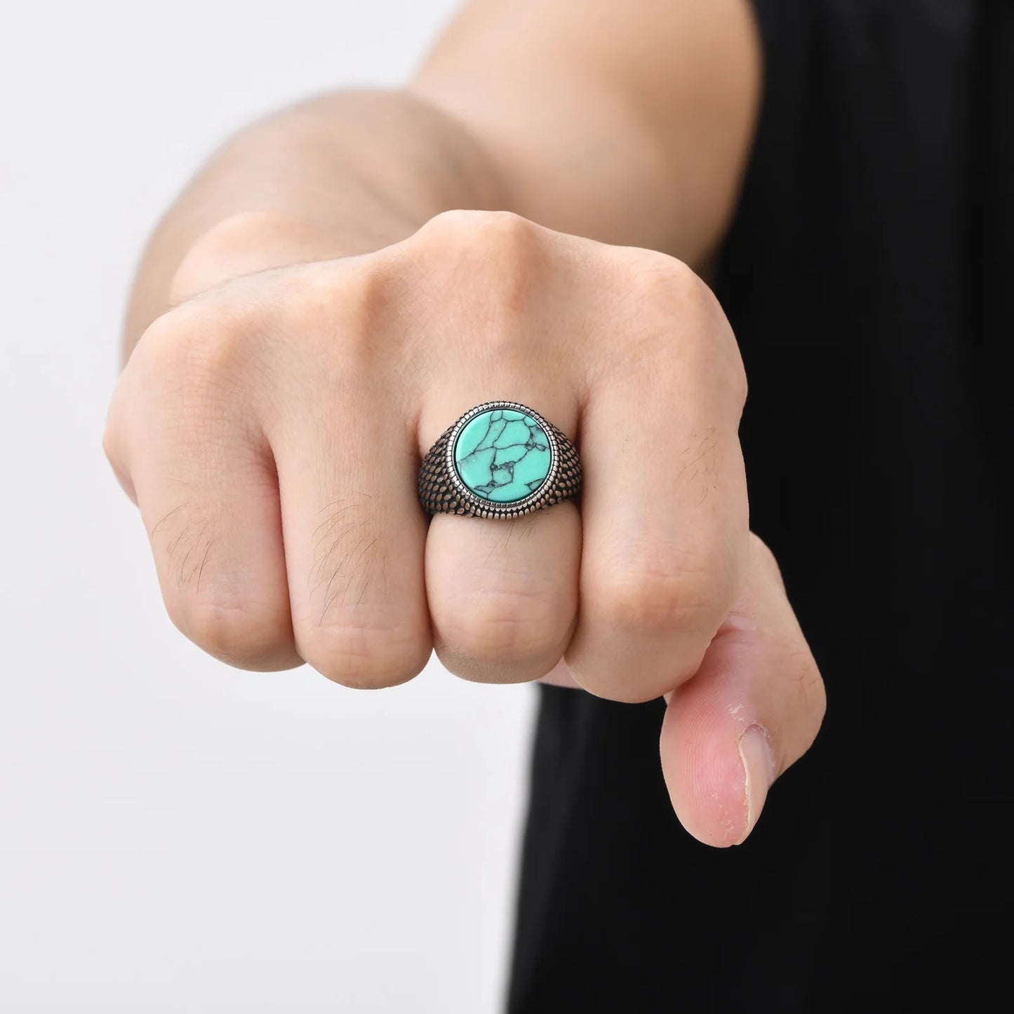 Geometric Turquoise Tiger Eyes Natural Stone Ring for Men, Chunky Stainless Steel Signet Rings, Fashion Punk Finger Jewelry Gift