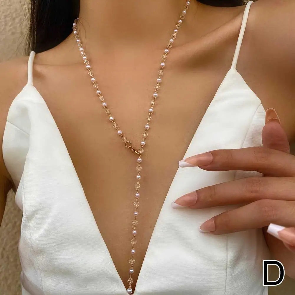 Long Y-Shaped Necklace for Women Bohemian Colorful Glass Metal Collarbone Chain Tassel Clavicle Choker Body Jewelry Gifts