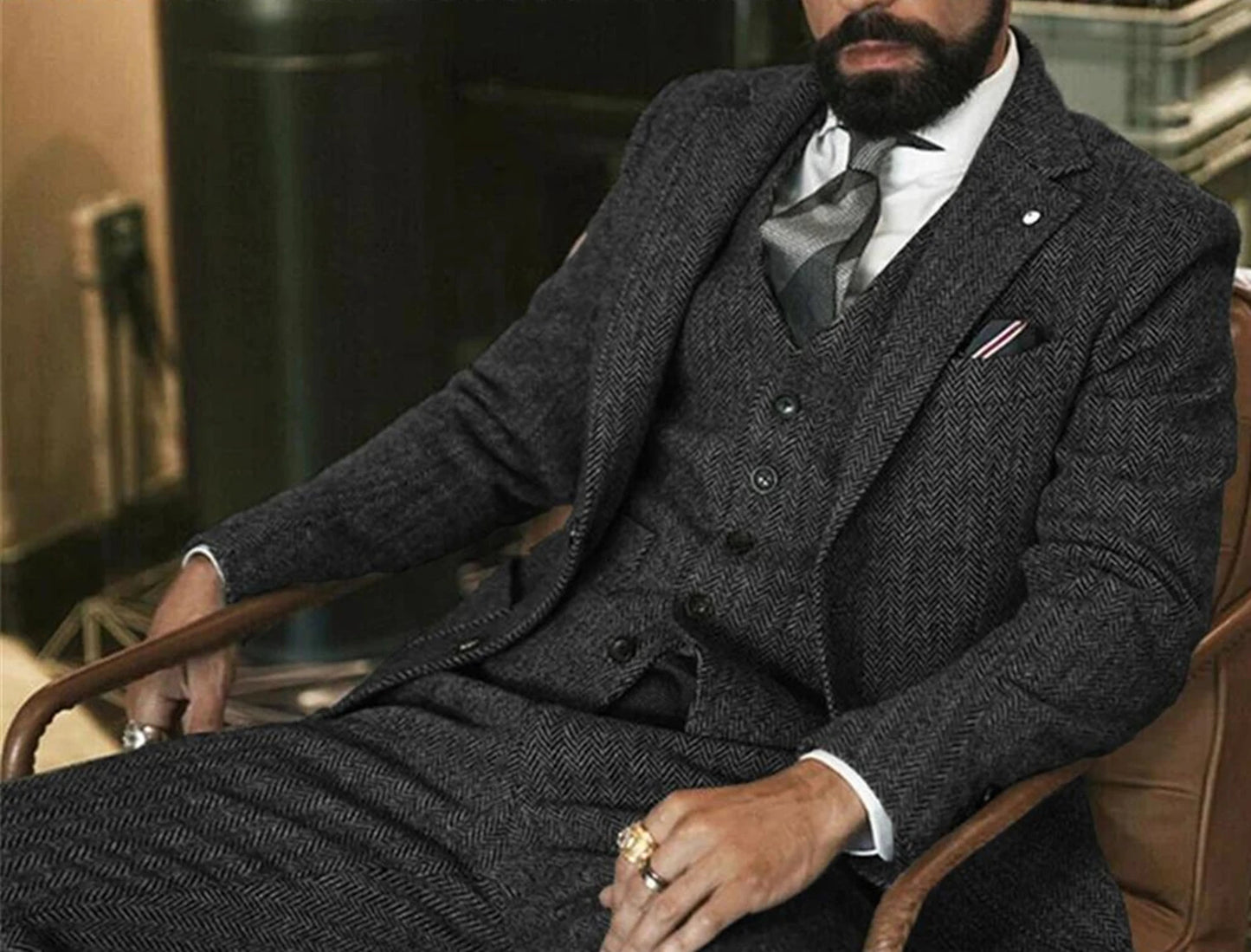 Brown Wool Tweed Winter Men Suit's For Wedding Formal Groom Tuxedo Herringbone Male Fashion 3 Piece Suits (Jacket+Vest+Pants)
