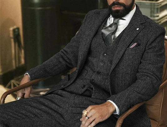 Brown Wool Tweed Winter Men Suit's For Wedding Formal Groom Tuxedo Herringbone Male Fashion 3 Piece Suits (Jacket+Vest+Pants)