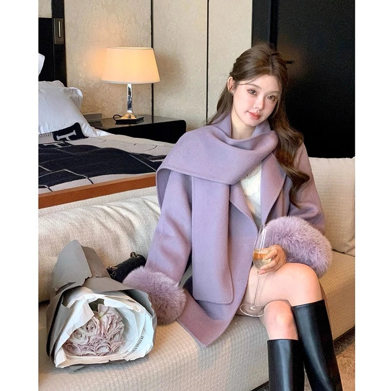 Elegant Wool Coat Warm Women Double Faced Luxury Real Fox Fur Sleeves 100 Wool Scarf Autumn Winter 2025 New Fashion Trench Coat