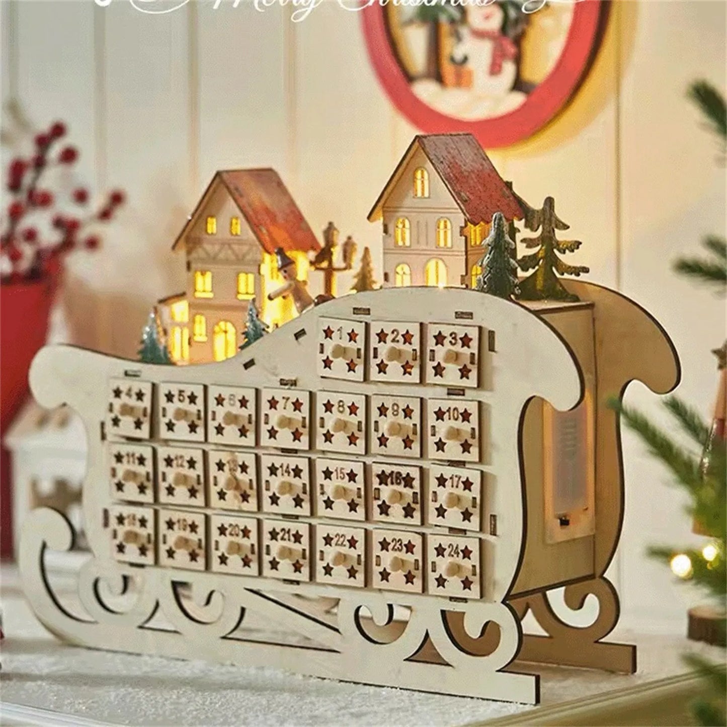 Christmas 24 Day Countdown Calendar With Light Wooden Drawer Home Decor Ornament For Kids Light Up Gifts Candy Drawer Organizer