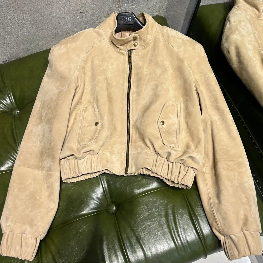 Cropped Suede Brown Women Jacket Drop-shoulder Real Leather Jackets 2025 New Outerwear