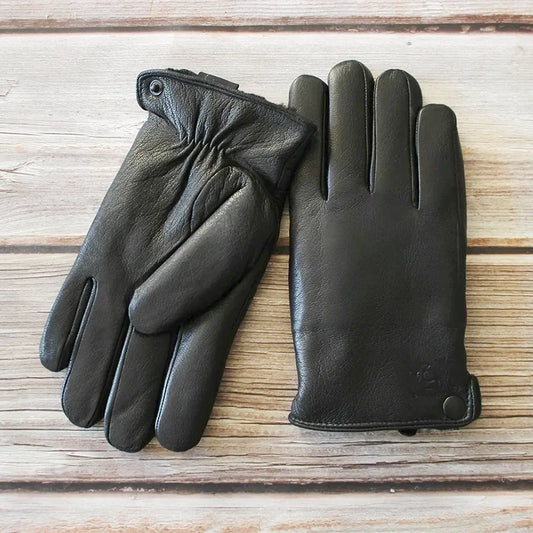 Winter Thick Sheepskin Fur Lining Warm Goatskin Gloves Men's Deerskin Pattern Leather Sheep Shearing Cold-Proof Finger Gloves