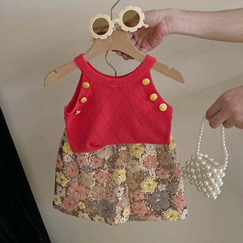 Summer Set Top 2024 New Girls Design Tank Top Flower Short Skirt Set Baby Girl Sweet Cute Temperament Clothes