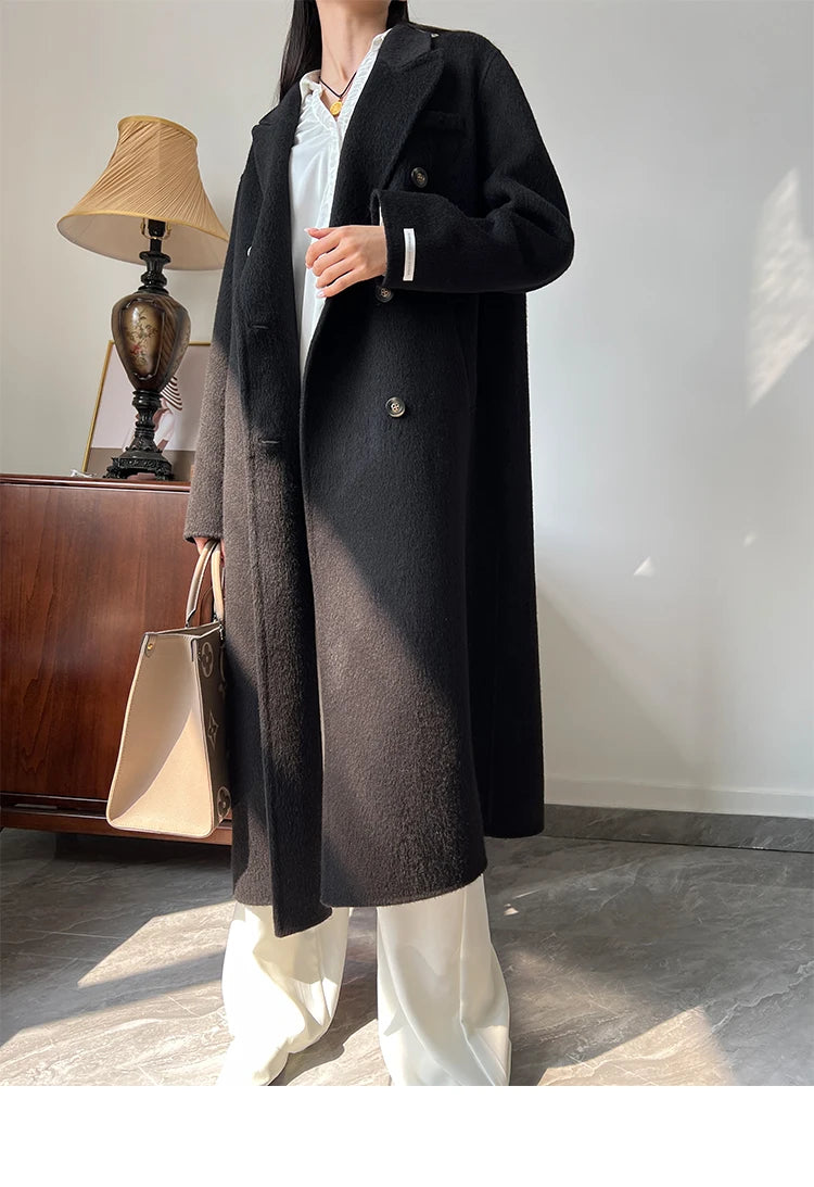 Office Lady Woolen Jackets 2024 Autumn And Winter Suit Collar Double Breasted Warmer Yak Hair Loose Long Women's Wool Coats