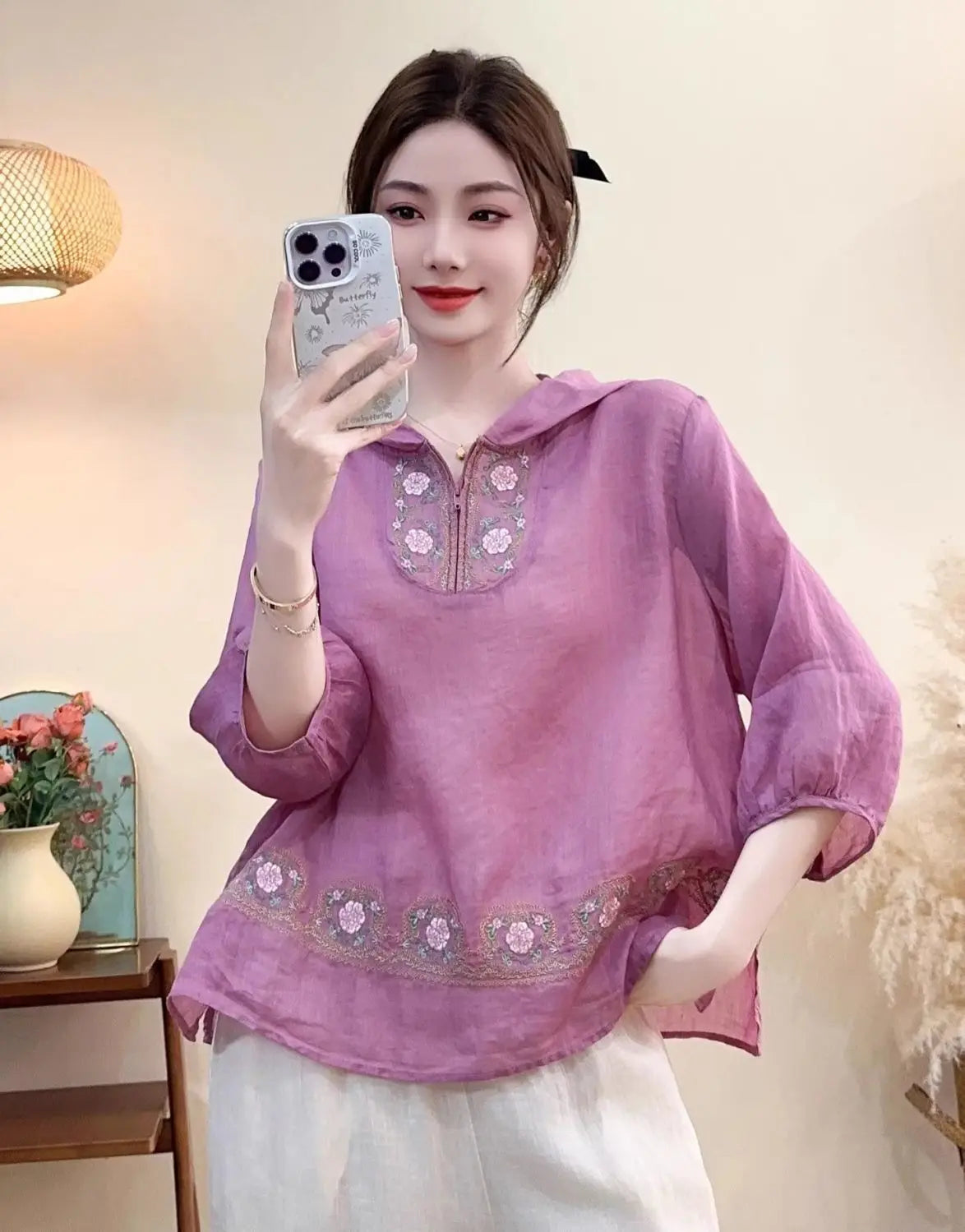 Summer New Embroidered T-shirt Casual Versatile Seven Sleeve Temperament Hoodie Lightweight Hoodie Top for Women