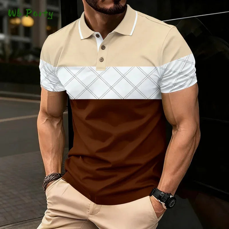 Summer men's polo men's casual short-sleeved polo shirt with striped color block design, sporty polo style collar polo shirt for